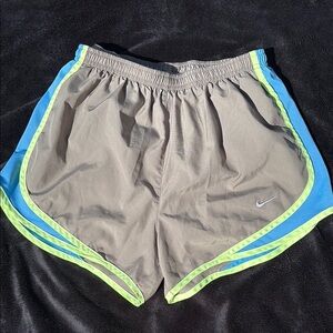 Nike Gray Athletic Shorts with Blue and Neon Green Accents